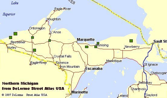 Map of Upper Peninsula - Click on a green box to see falls in that area.
